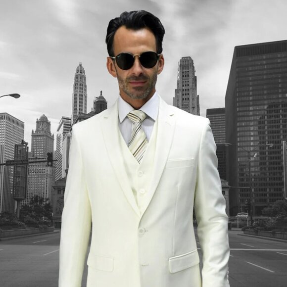 Mens 2 Button Skinny Vested Wool Suit in Ivory - Picture 1 of 2